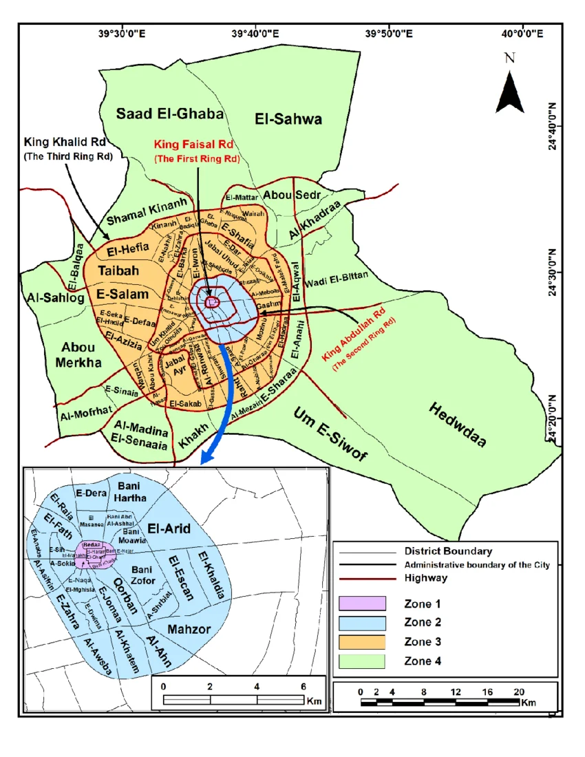 Administrative map of Al-Madinah showing the four geographic zones and ring-road structure