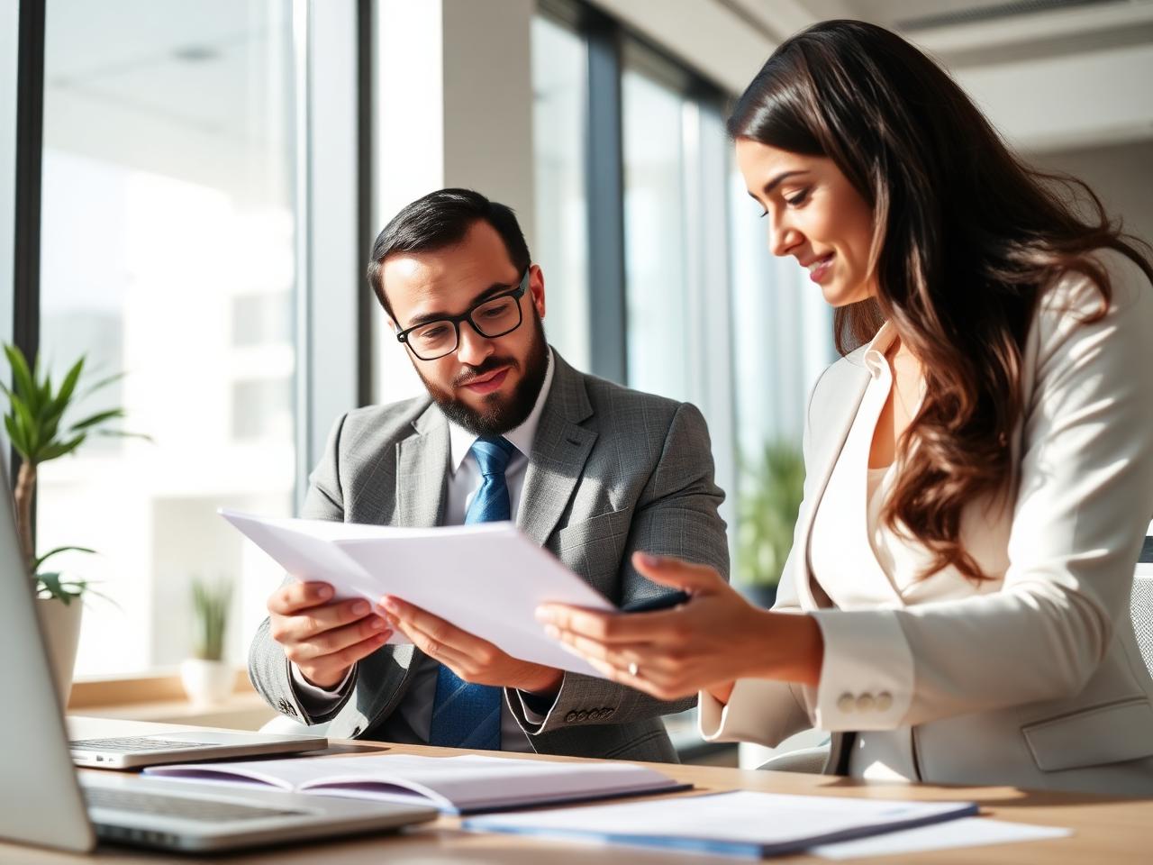 Two advisers reviewing residency application documents in an office