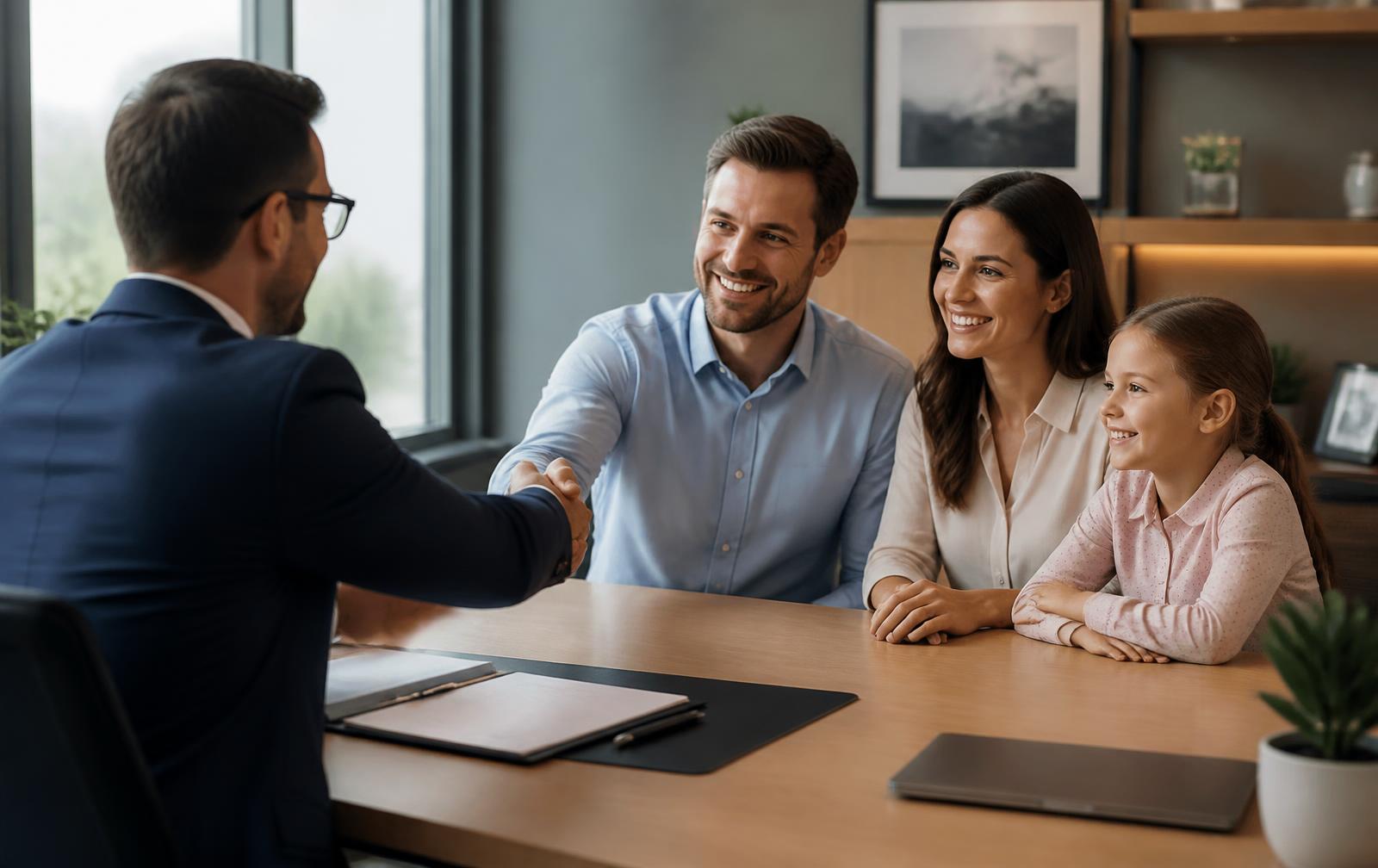 Adviser meeting a client family across a table in a modern office