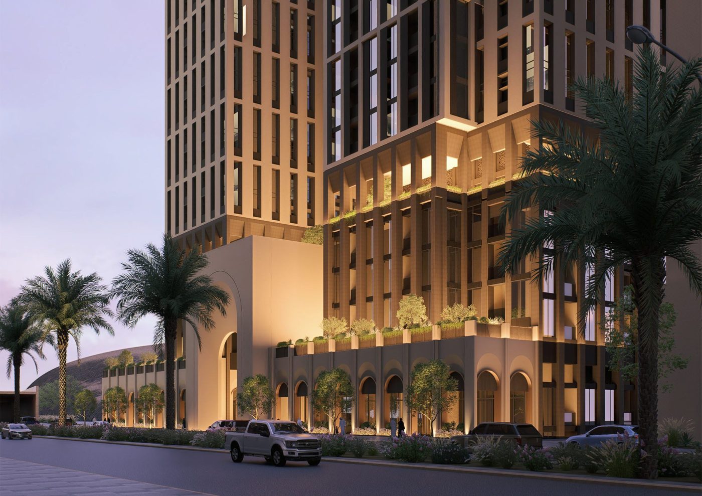 Masar Corner at dusk, Makkah — developer render