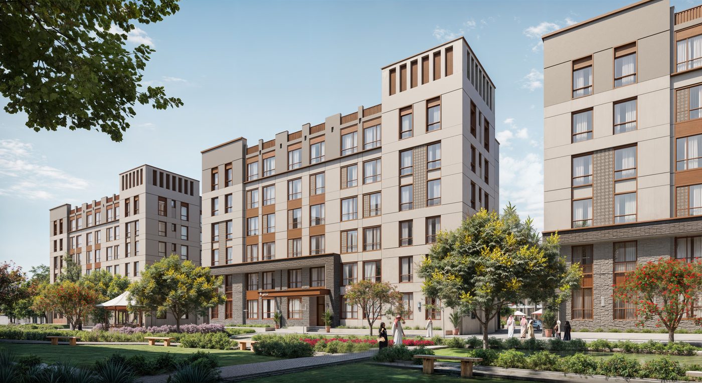 Apartment boulevard at an NHC destination in Madinah — official NHC render