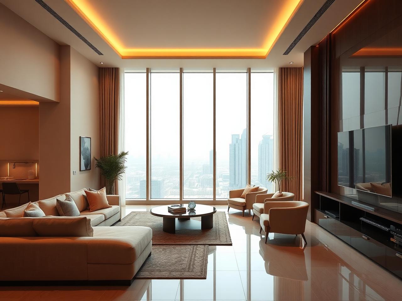 Interior of a luxury apartment overlooking a Saudi city skyline